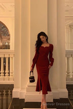 Sexy Sheath Square Neckline Red Date Night Dress Prom Dresses Birthday Outfit