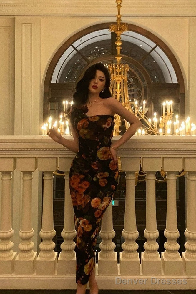 Sexy Sheath Strapless Black Floral Prom Dresses Birthday Outfits Evening Gown Secondary image