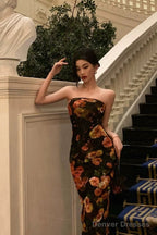 Sexy Sheath Strapless Black Floral Prom Dresses Birthday Outfits Evening Gown