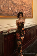 Sexy Sheath Strapless Black Floral Prom Dresses Birthday Outfits Evening Gown