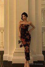 Sexy Sheath Strapless Black Floral Prom Dresses Birthday Outfits Evening Gown