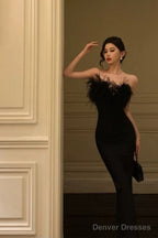 Sexy Sheath Strapless Black Satin Feather Prom Dresses Birthday Outfits