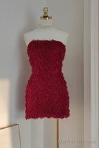 Sexy Sheath Strapless Burgundy Tulle Travel Vacation Dresses Short Birthday Dress