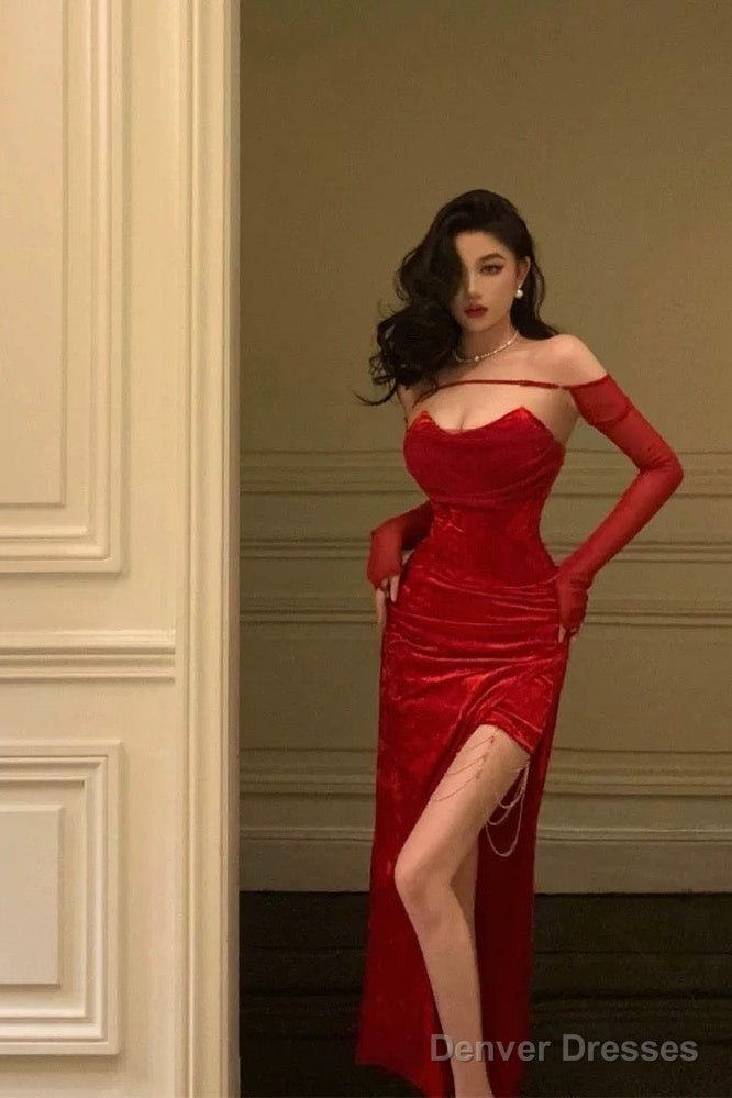Sexy Sheath Strapless Red Velvet Date Night Dress Prom Dresses Birthday Outfit