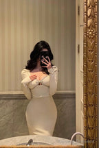Sexy Sheath Strapless White Long Sleeves Prom Dresses Birthday Outfits Evening Gown