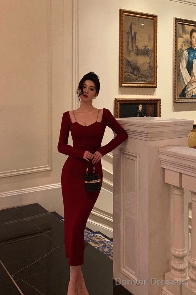 Sexy Sheath Straps Burgundy Long Sleeves Prom Dresses Birthday Outfits
