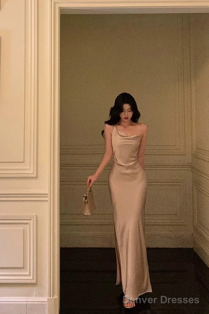 Sexy Sheath Straps Champagne Slit Prom Dresses Long Birthday Outfits Secondary image