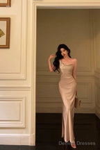 Sexy Sheath Straps Champagne Slit Prom Dresses Long Birthday Outfits