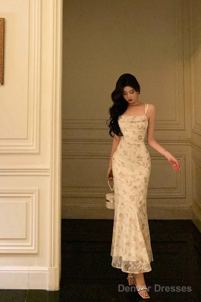 Sexy Sheath Straps Floral Satin Prom Dresses Birthday Outfits Evening Gown