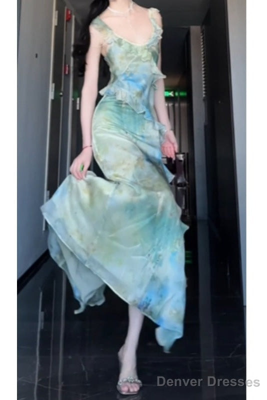 Sexy Sheath Straps Green Floral Beach Dress WomenS Vacation Dresses Birthday Dress