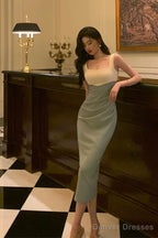 Sexy Sheath Straps Green Satin Prom Dresses Birthday Outfits Evening Gown