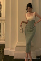 Sexy Sheath Straps Green Satin Prom Dresses Birthday Outfits Evening Gown