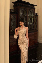 Sexy Sheath Straps Halter Floral Satin Prom Dresses Birthday Outfits Evening Gown