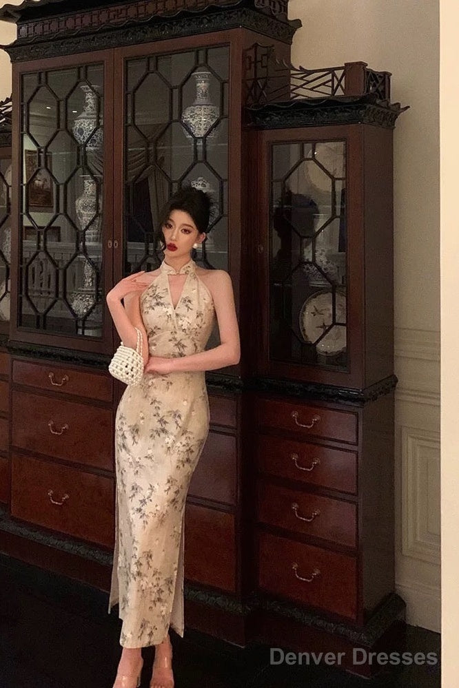 Sexy Sheath Straps Halter Floral Satin Prom Dresses Birthday Outfits Evening Gown