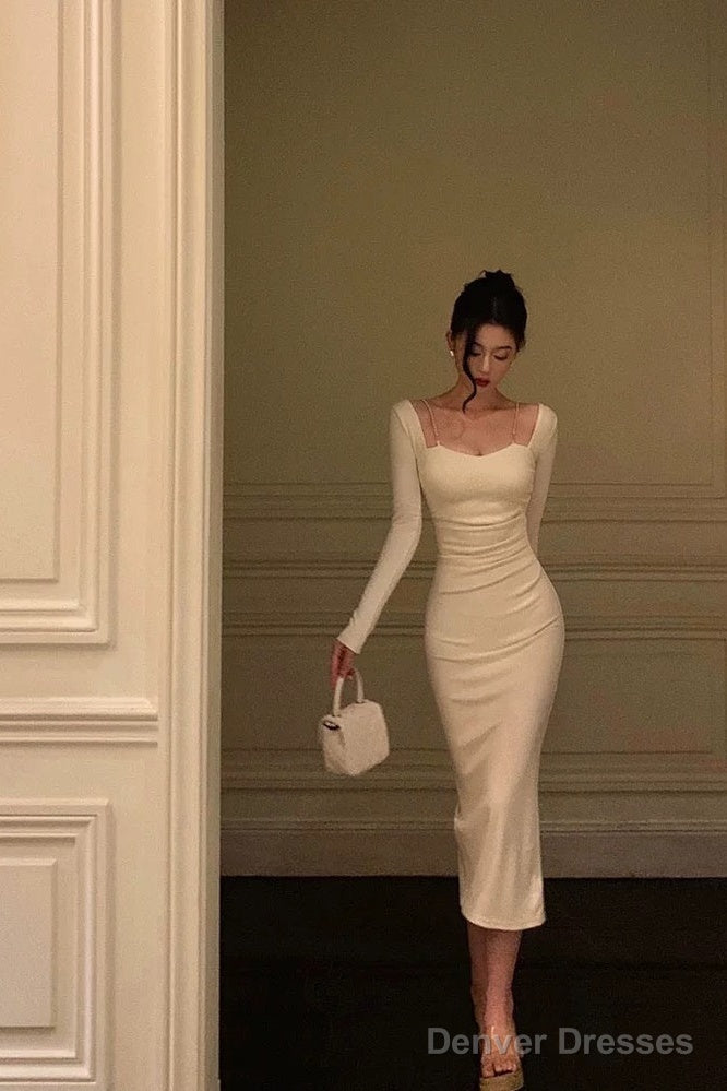Sexy Sheath Straps Long Sleeves White Ankle Length Prom Dresses Birthday Dress Secondary image