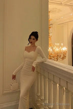 Sexy Sheath Straps Long Sleeves White Ankle Length Prom Dresses Birthday Dress