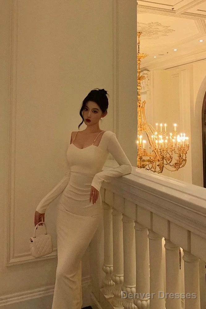 Sexy Sheath Straps Long Sleeves White Ankle Length Prom Dresses Birthday Dress