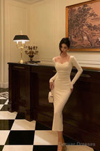 Sexy Sheath Straps Long Sleeves White Ankle Length Prom Dresses Birthday Dress