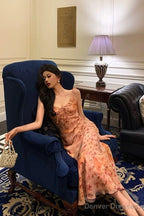 Sexy Sheath Straps Pink Floral Chiffon Ruffles Prom Dresses Birthday Outfits Evening Gown