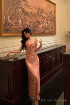 Sexy Sheath Straps Pink Floral Chiffon Ruffles Prom Dresses Birthday Outfits Evening Gown