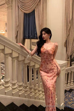 Sexy Sheath Straps Pink Floral Chiffon Ruffles Prom Dresses Birthday Outfits Evening Gown