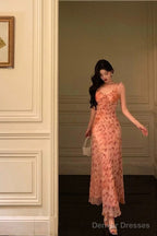 Sexy Sheath Straps Pink Floral Chiffon Ruffles Prom Dresses Birthday Outfits Evening Gown