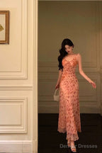 Sexy Sheath Straps Pink Floral Chiffon Ruffles Prom Dresses Birthday Outfits Evening Gown