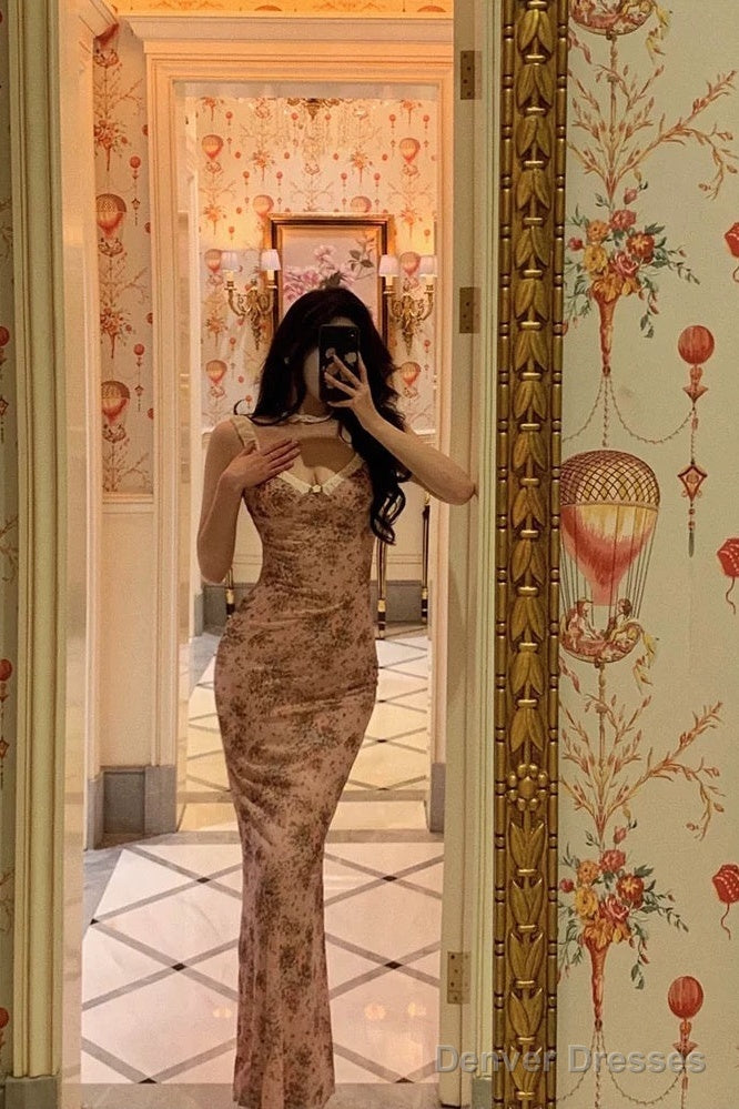 Sexy Sheath Straps Pink Floral Prom Dresses Long Birthday Outfits Evening Gown