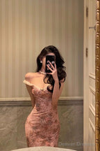 Sexy Sheath Straps Pink Floral Prom Dresses Long Birthday Outfits Evening Gown