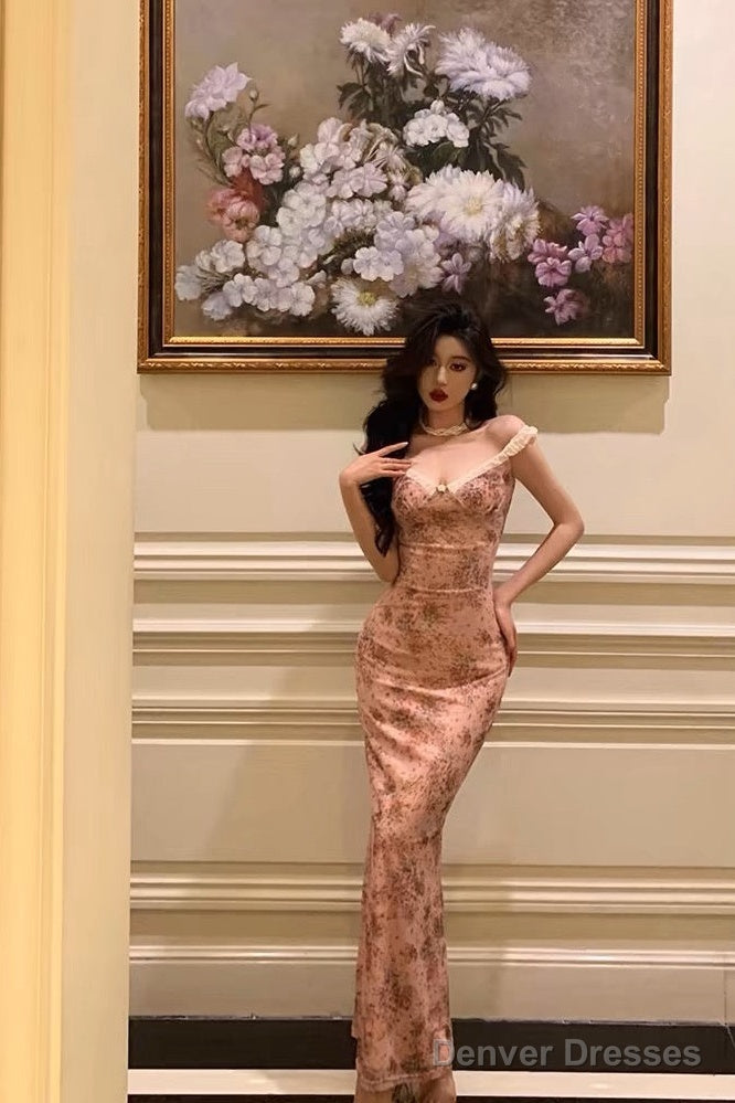 Sexy Sheath Straps Pink Floral Prom Dresses Long Birthday Outfits Evening Gown