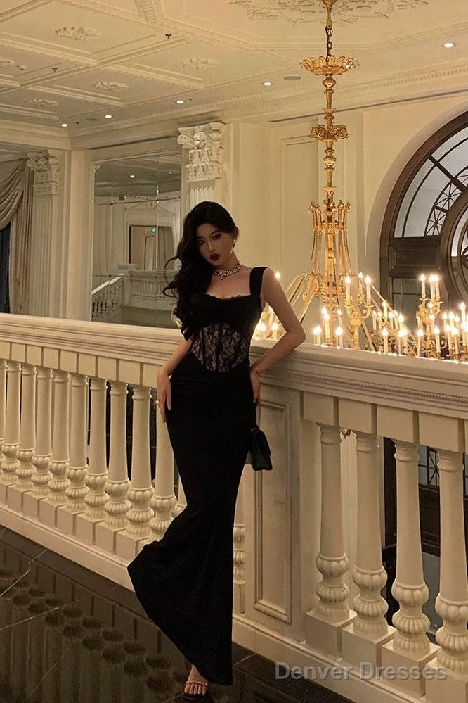 Sexy Sheath Straps Sleeveless Black Ankle Length Lace Prom Dresses Birthday Outfits