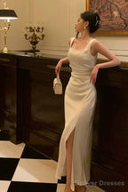 Sexy Sheath Straps White Slit Prom Dresses Birthday Outfits Evening Gown Party Dress