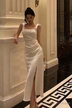 Sexy Sheath Straps White Slit Prom Dresses Birthday Outfits Evening Gown Party Dress