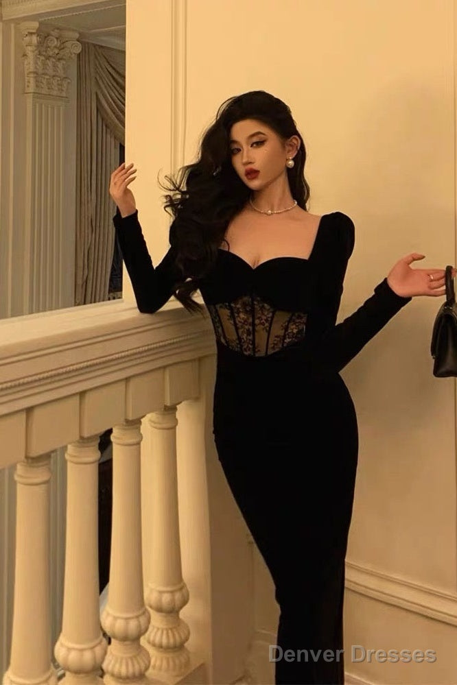 Sexy Sheath Sweetheart Velvet Black Long Sleeves Prom Dresses Evening Dress