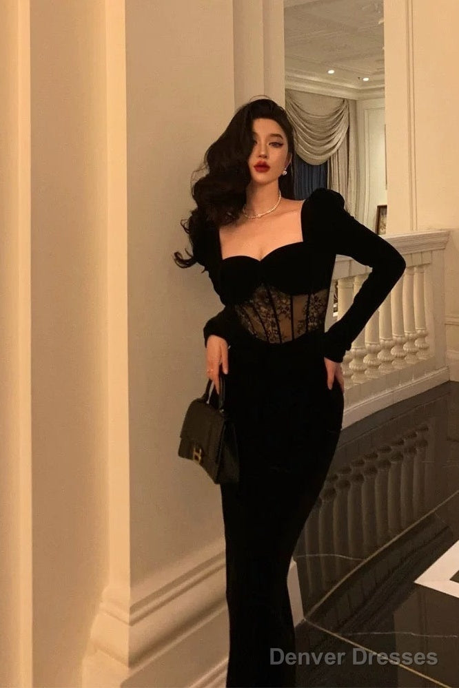 Sexy Sheath Sweetheart Velvet Black Long Sleeves Prom Dresses Evening Dress