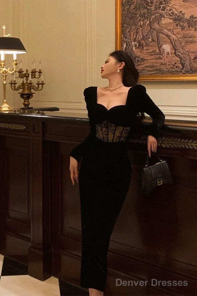 Sexy Sheath Sweetheart Velvet Black Long Sleeves Prom Dresses Evening Dress Main image