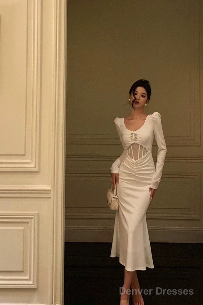 Sexy Sheath U Neckline White Long Sleeves Prom Dresses Birthday Dress Secondary image