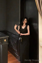 Sexy Sheath V Neckline Black Long Prom Dresses Birthday Outfits Evening Gown