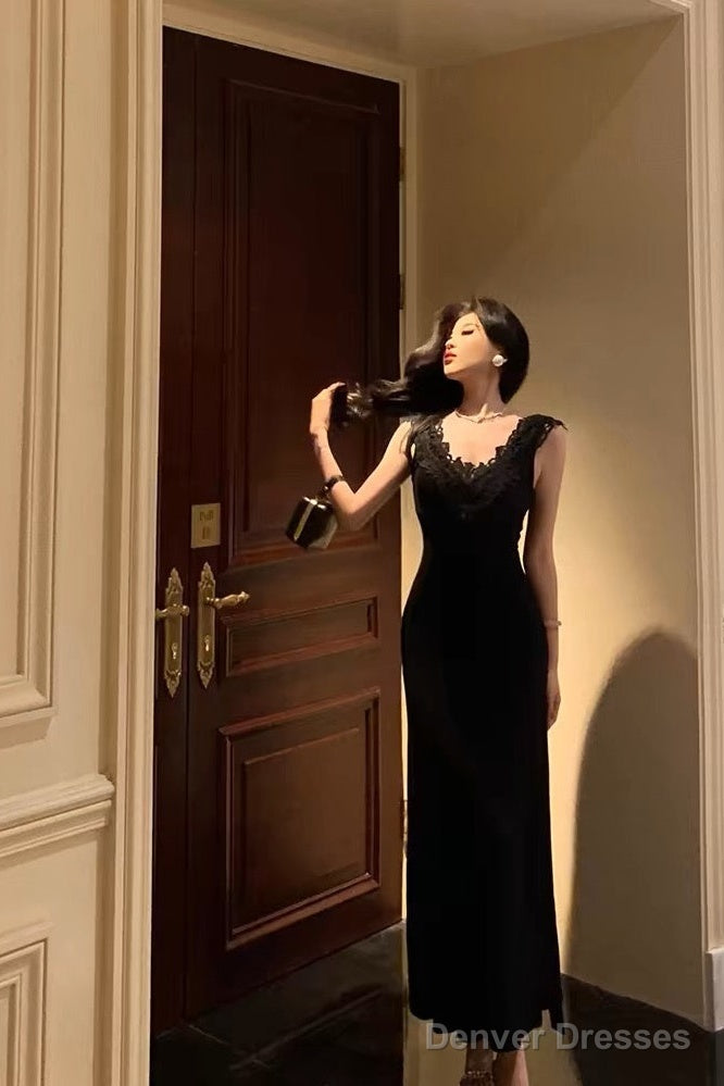 Sexy Sheath V Neckline Black Long Prom Dresses Birthday Outfits Evening Gown