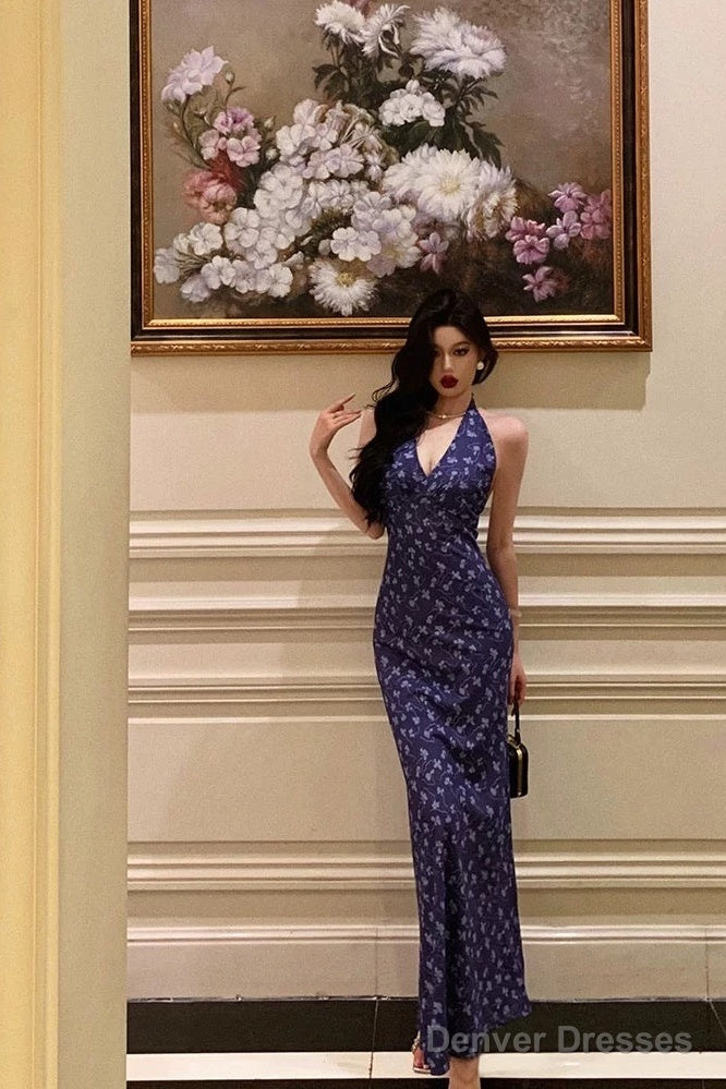 Sexy Sheath V Neckline Floral Blue Prom Dresses Birthday Outfits Evening Gown Secondary image