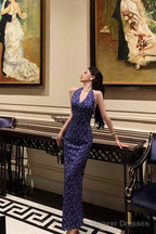 Sexy Sheath V Neckline Floral Blue Prom Dresses Birthday Outfits Evening Gown