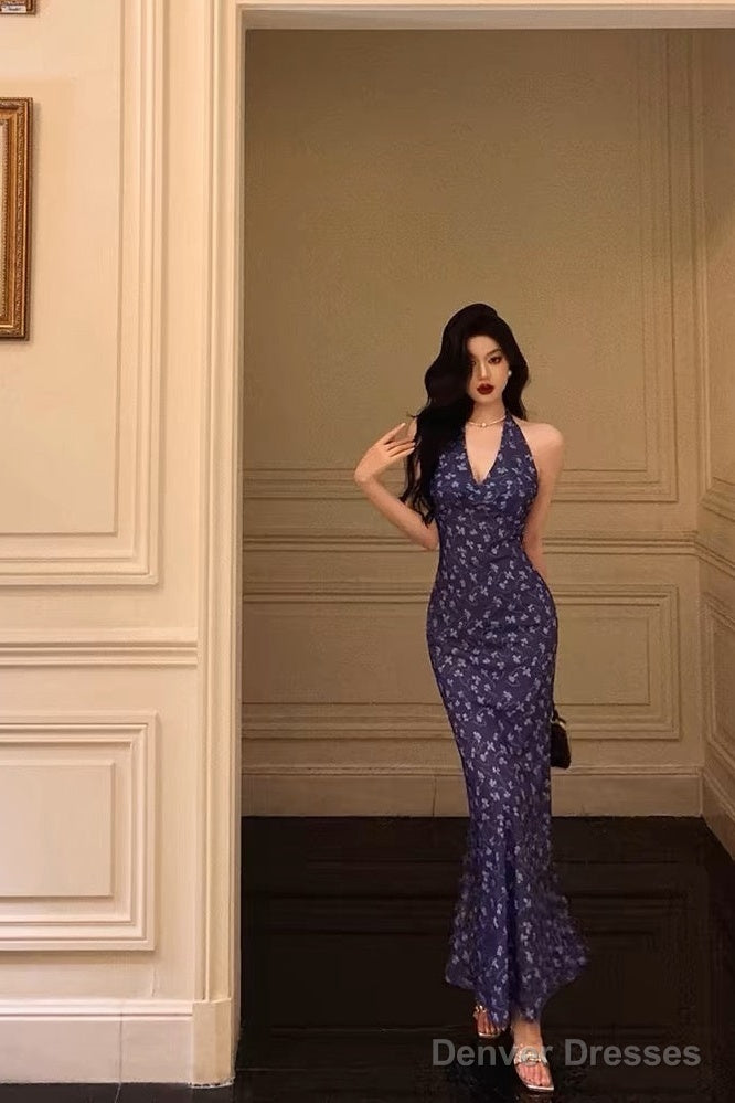 Sexy Sheath V Neckline Floral Blue Prom Dresses Birthday Outfits Evening Gown Main image