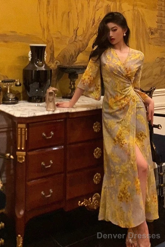 Sexy Sheath V Neckline Floral Yellow Slit Prom Dresses Birthday Outfits Evening Gown Secondary image