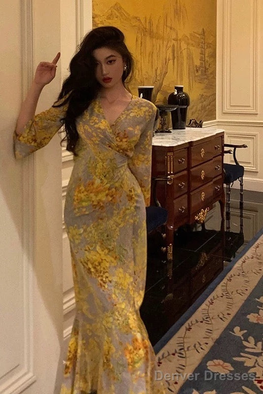 Sexy Sheath V Neckline Floral Yellow Slit Prom Dresses Birthday Outfits Evening Gown