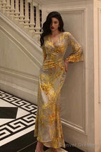 Sexy Sheath V Neckline Floral Yellow Slit Prom Dresses Birthday Outfits Evening Gown