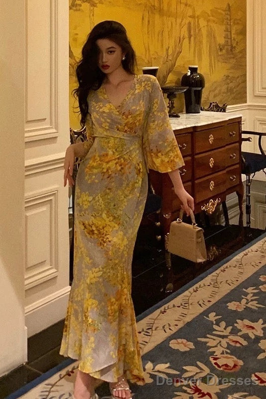 Sexy Sheath V Neckline Floral Yellow Slit Prom Dresses Birthday Outfits Evening Gown Main image