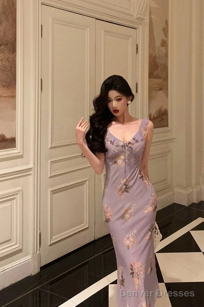 Sexy Sheath V Neckline Lilac Floral Satin Prom Dresses Birthday Outfits Evening Gown Secondary image