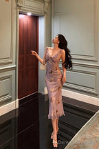 Sexy Sheath V Neckline Lilac Floral Satin Prom Dresses Birthday Outfits Evening Gown