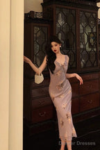 Sexy Sheath V Neckline Lilac Floral Satin Prom Dresses Birthday Outfits Evening Gown