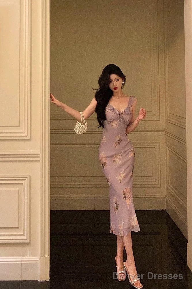 Sexy Sheath V Neckline Lilac Floral Satin Prom Dresses Birthday Outfits Evening Gown Main image